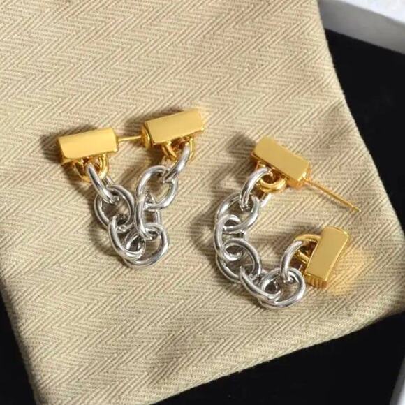 Earrings Chain Link Two Tone Gold Silver Mixed Metal Paco Rabanne STYLE N01 - Picture 5 of 5